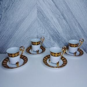 Imperial Fine Porcelain Demitasse Tea/Espresso Cups & Saucers Set Of 4 Wht/Blk/G